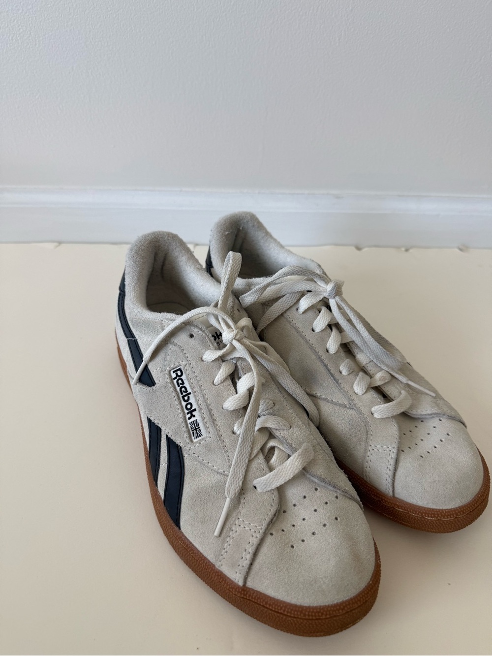Reebok Men’s Suede Sneakers - Cream with Navy Stripes and Gum Sole